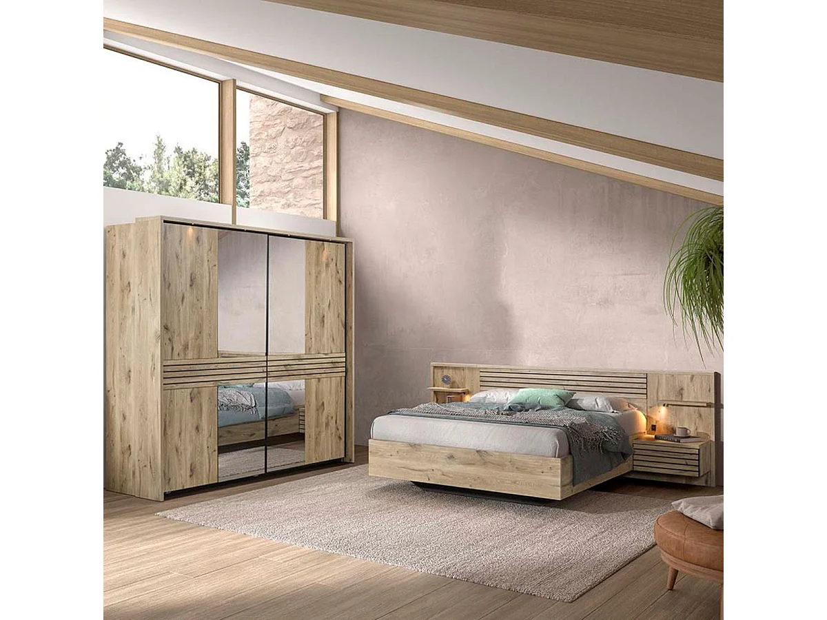Chambre lit 180x200cm + tête de lit avec chevet et leds + armoire aspect bois et noir - NIKITA
