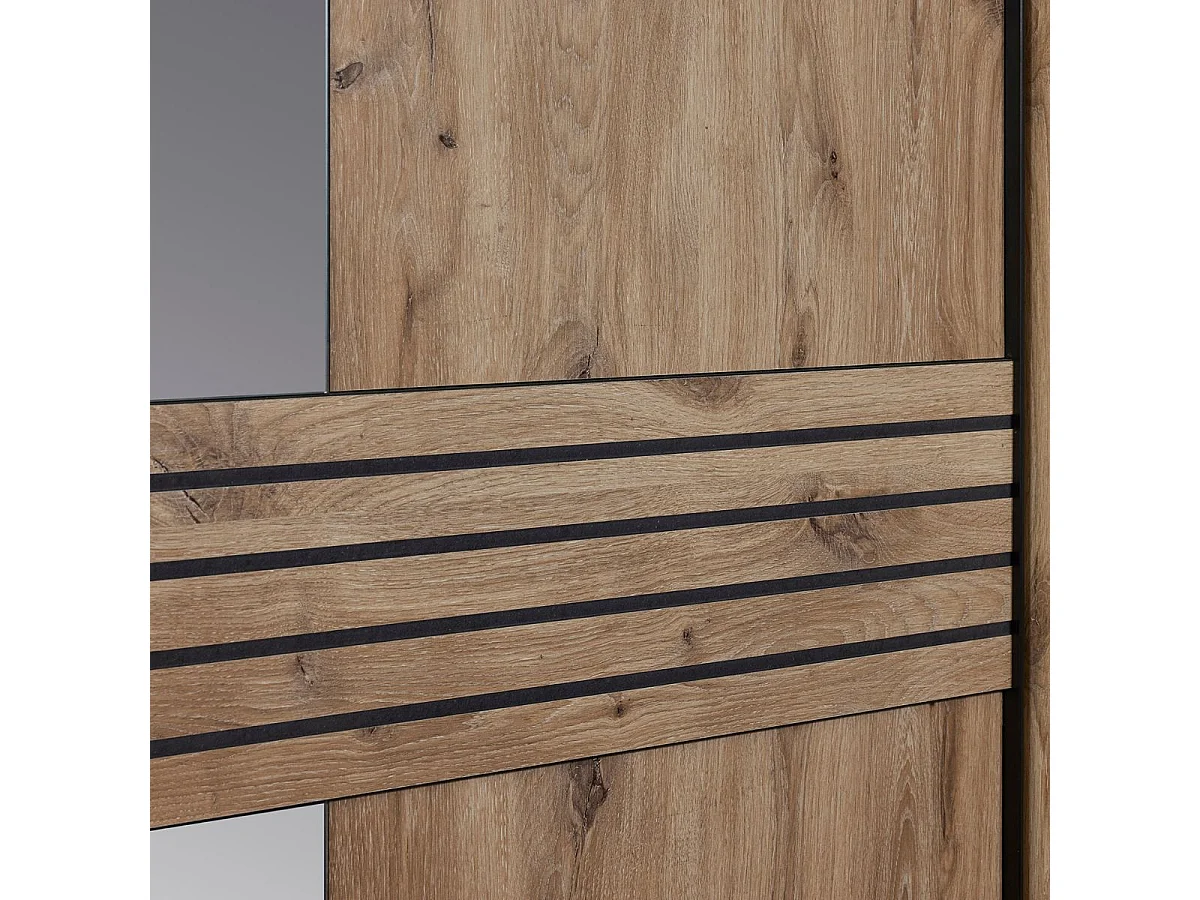 Chambre lit 180x200cm + tête de lit avec chevet et leds + armoire aspect bois et noir - NIKITA