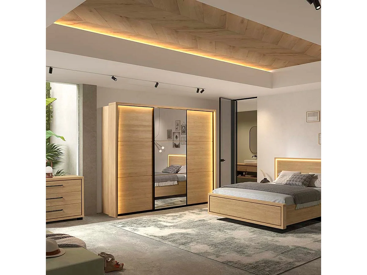 Chambre complète lit 140x200cm avec éclairage led + 2 chevets + commode + armoire aspect bois et noir - LUDY