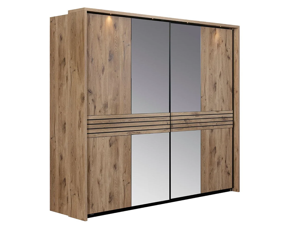 Chambre lit 140x190cm + tête de lit avec chevet et leds + armoire aspect bois et noir - NIKITA