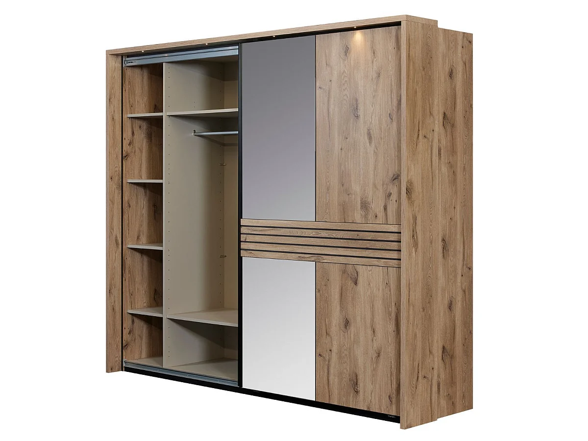 Chambre lit 140x190cm + tête de lit avec chevet et leds + armoire aspect bois et noir - NIKITA