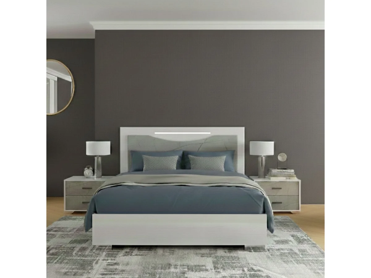 Ensemble Lit 160x200cm + 2 chevets blanc et imitation marbre - GENESIS