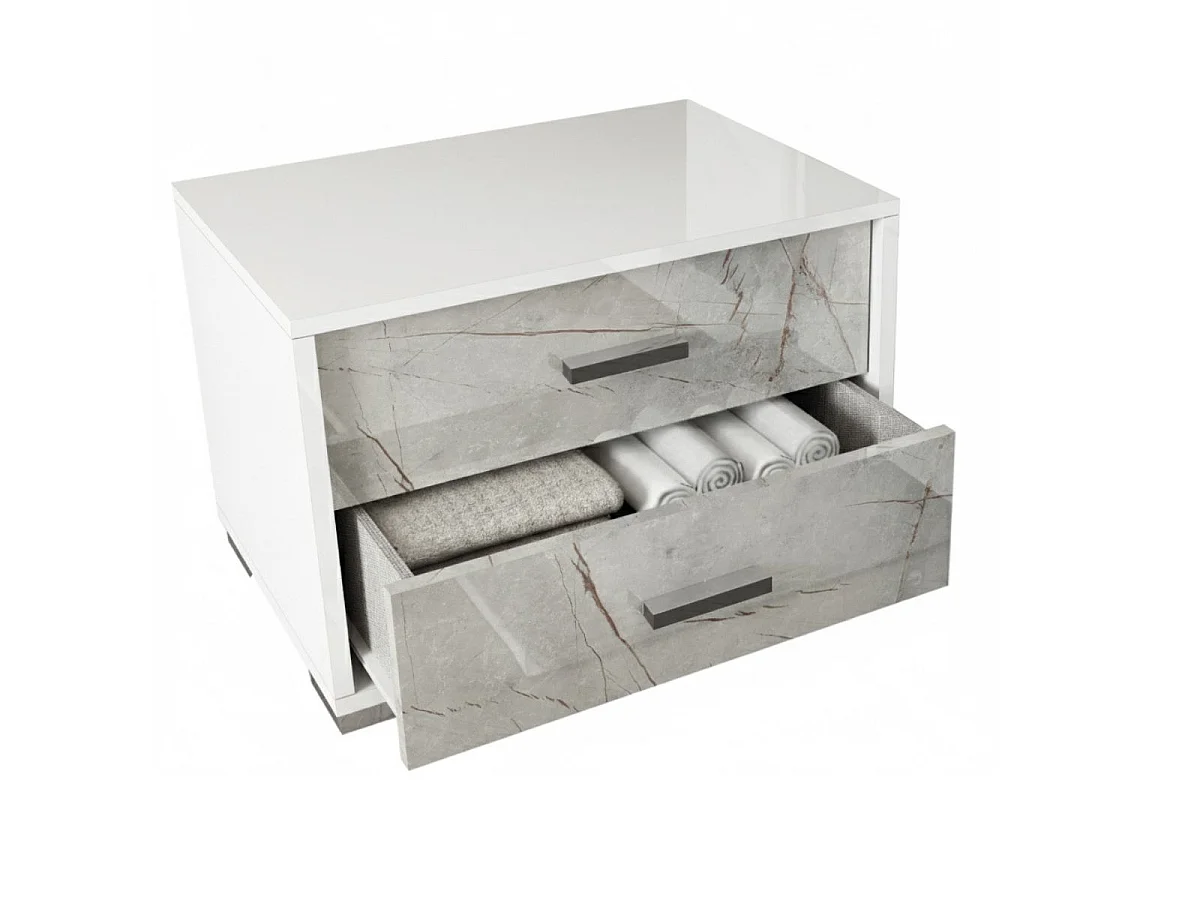 Ensemble Lit 160x200cm + 2 chevets blanc et imitation marbre - GENESIS