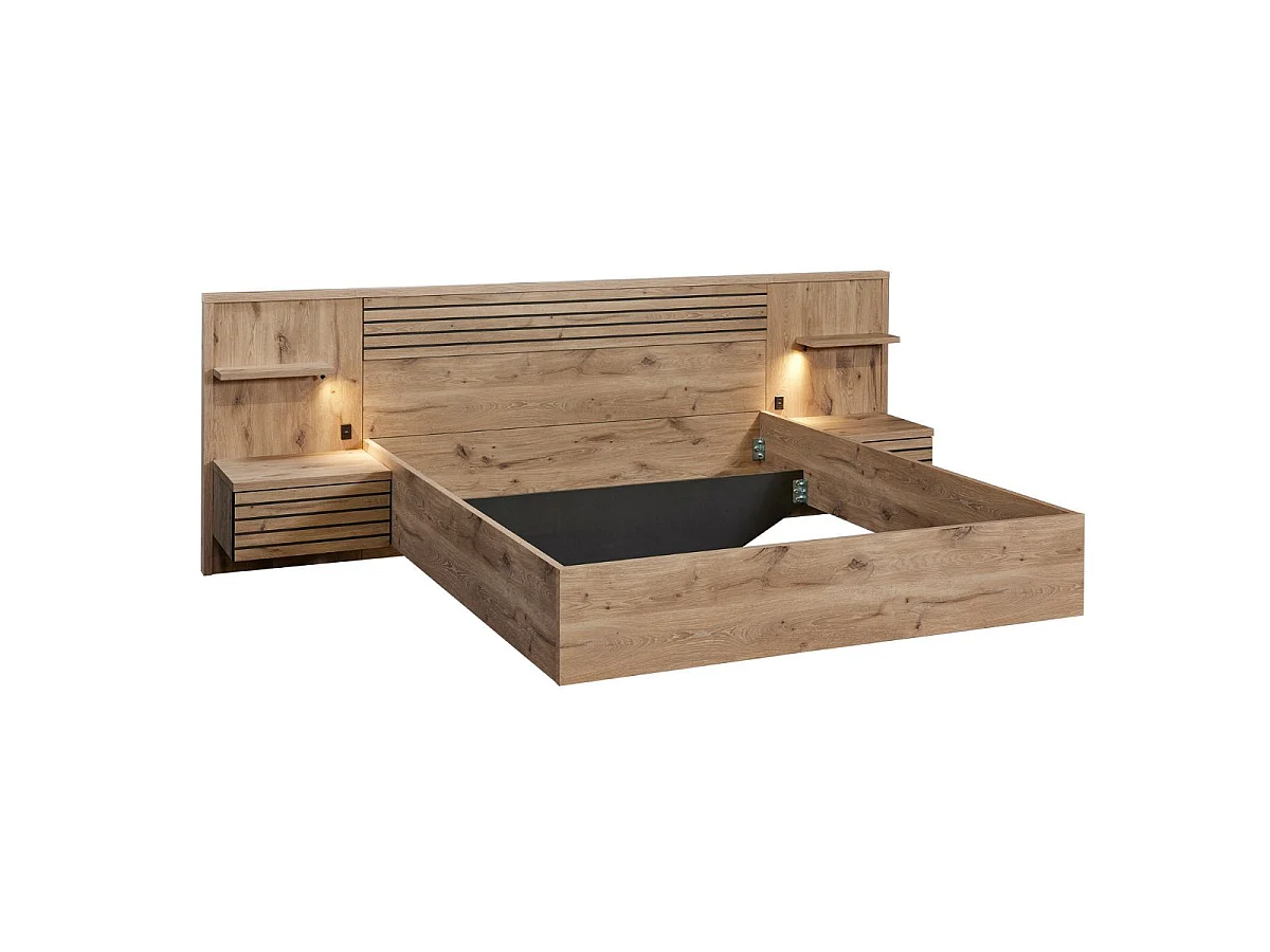 Chambre complète lit 180x200cm + tête de lit avec chevet et leds + commode + armoire aspect bois et noir - NIKITA