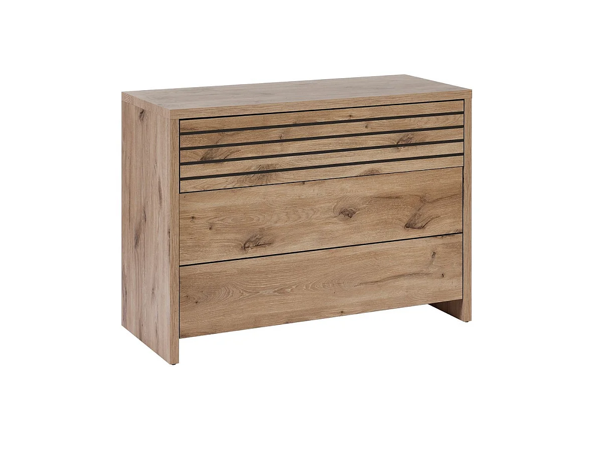 Chambre complète lit 180x200cm + tête de lit avec chevet et leds + commode + armoire aspect bois et noir - NIKITA