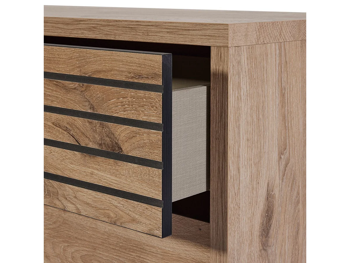 Chambre complète lit 180x200cm + tête de lit avec chevet et leds + commode + armoire aspect bois et noir - NIKITA