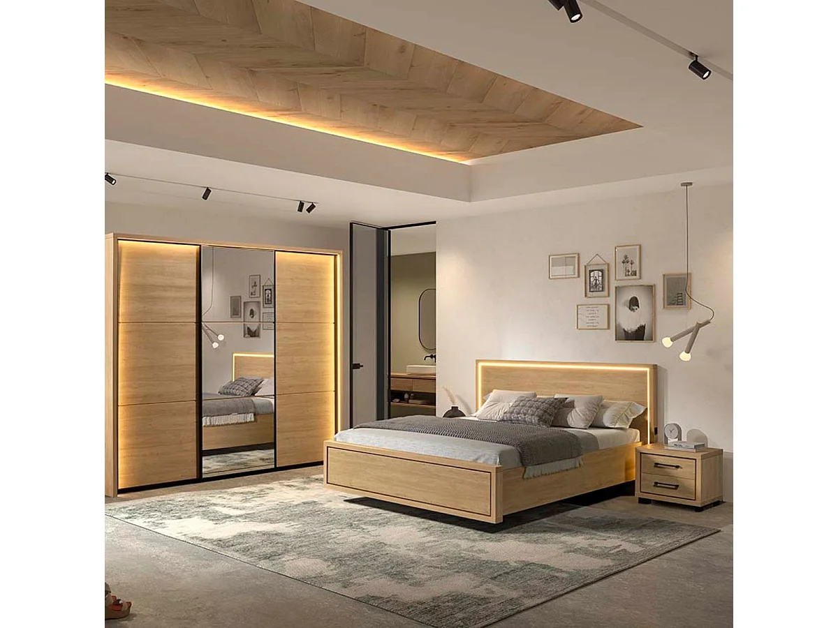 Chambre lit 180x200cm avec éclairage led + 2 chevets + armoire aspect bois et noir - LUDY