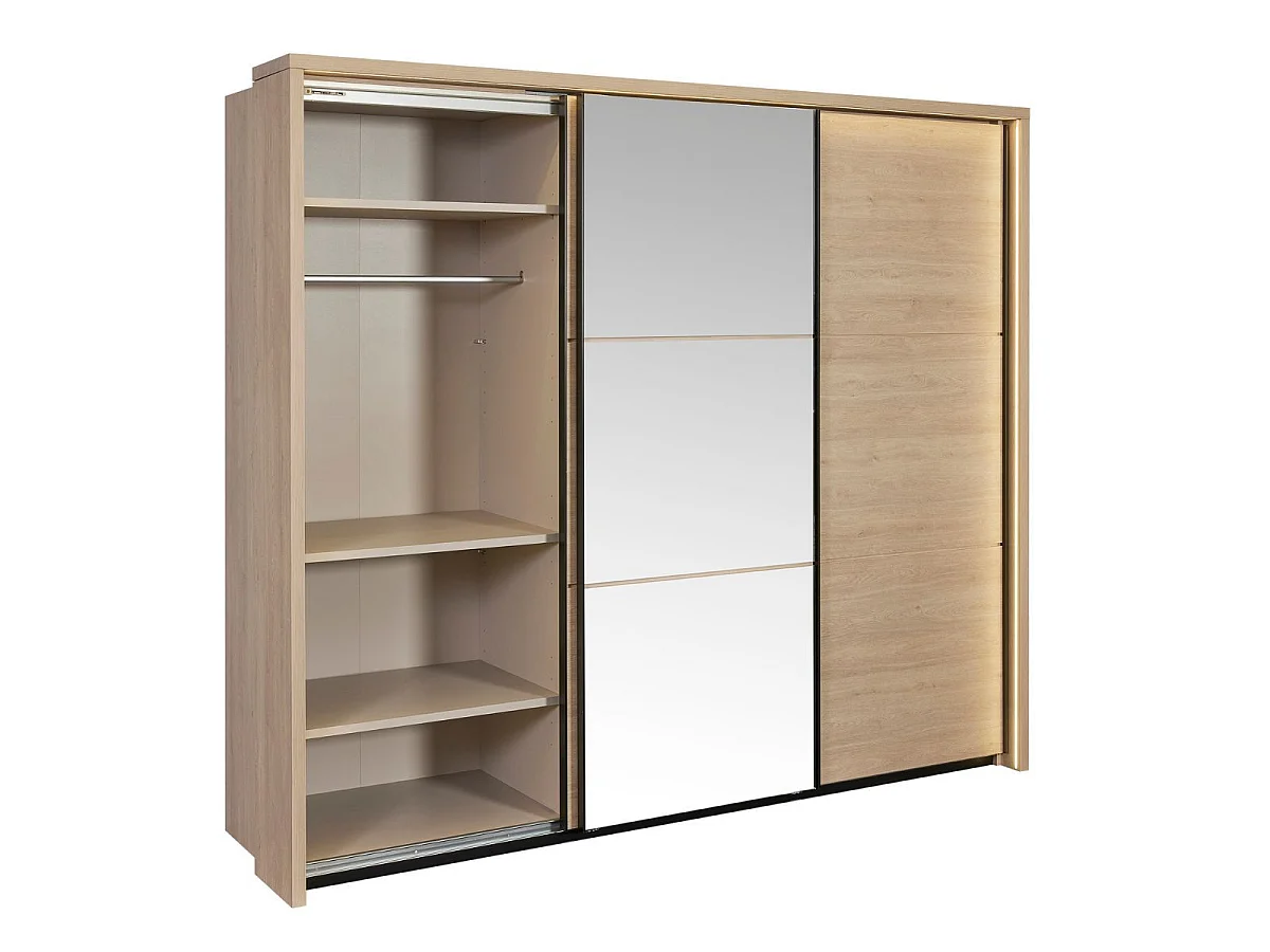 Chambre lit 180x200cm avec éclairage led + 2 chevets + armoire aspect bois et noir - LUDY