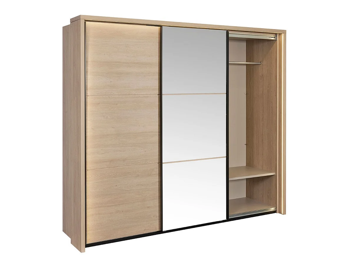 Chambre lit 180x200cm avec éclairage led + 2 chevets + armoire aspect bois et noir - LUDY