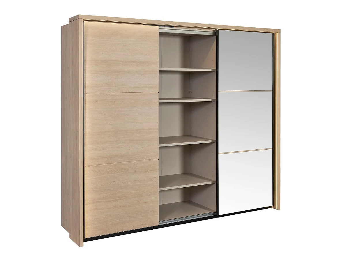 Chambre lit 140x200cm avec éclairage led + 2 chevets + armoire aspect bois et noir - LUDY