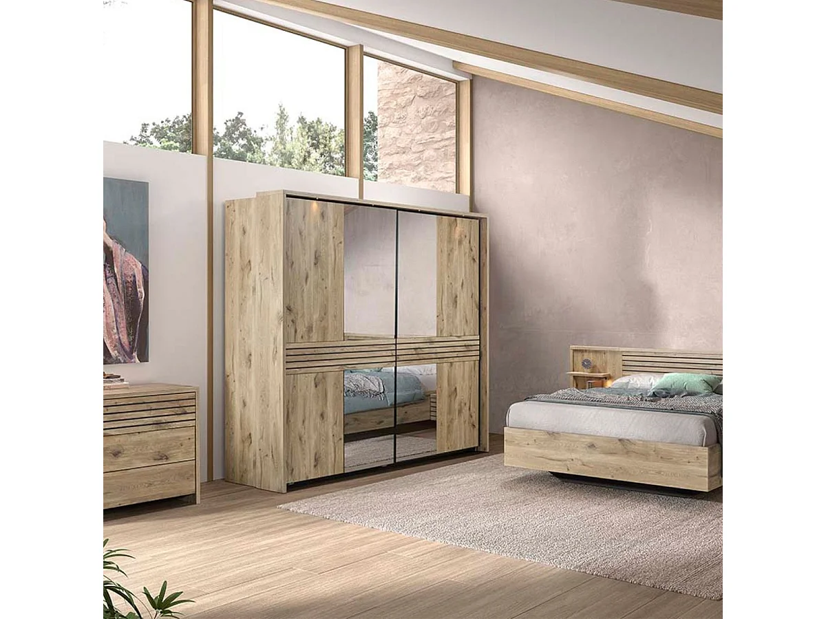 Chambre complète lit 140x200cm + tête de lit avec chevet et leds + commode + armoire aspect bois et noir - NIKITA