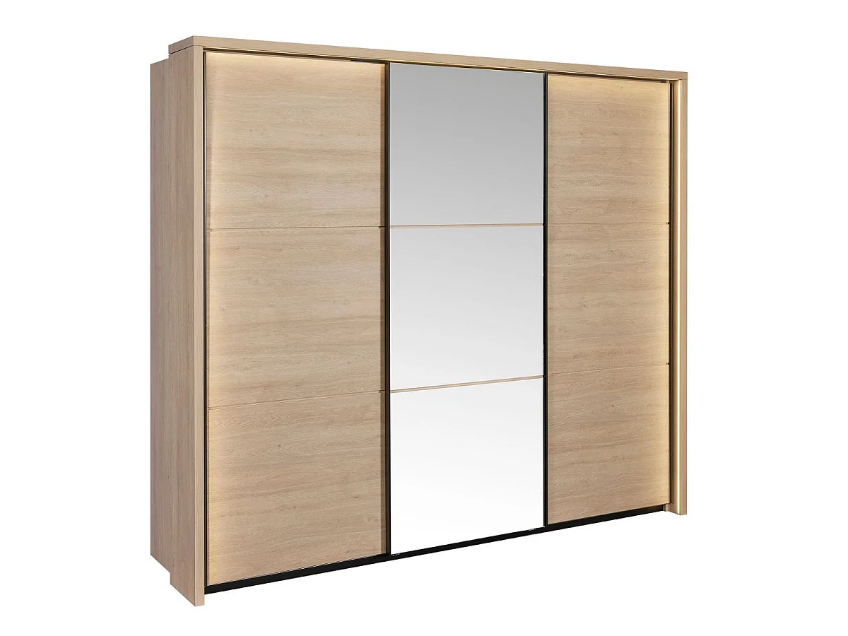 Chambre lit 160x200cm avec éclairage led + 2 chevets + armoire aspect bois et noir - LUDY