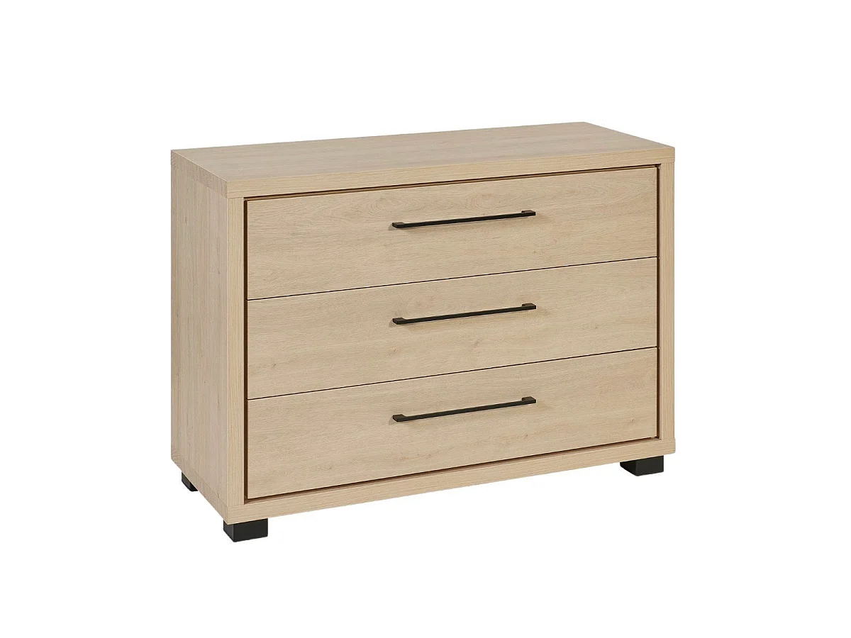 Chambre complète lit 180x200cm avec éclairage led + 2 chevets + commode + armoire aspect bois et noir - LUDY