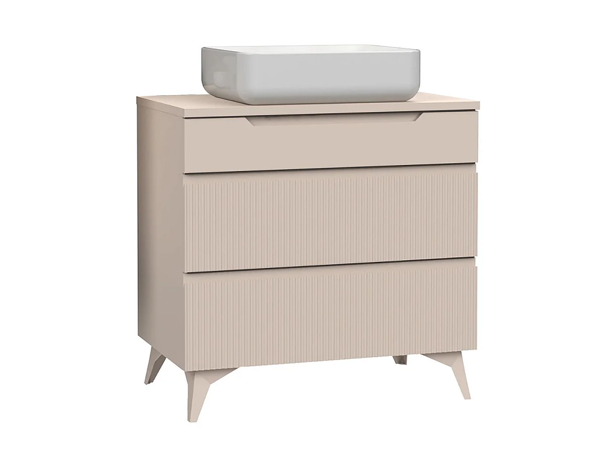 Meuble Vasque 80cm 3 tiroirs beige façades relief à stries verticales pieds métal - JANEIRO BEIGE
