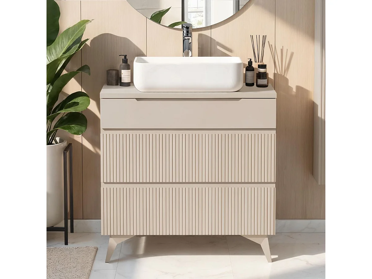 Meuble Vasque 80cm 3 tiroirs beige façades relief à stries verticales pieds métal - JANEIRO BEIGE