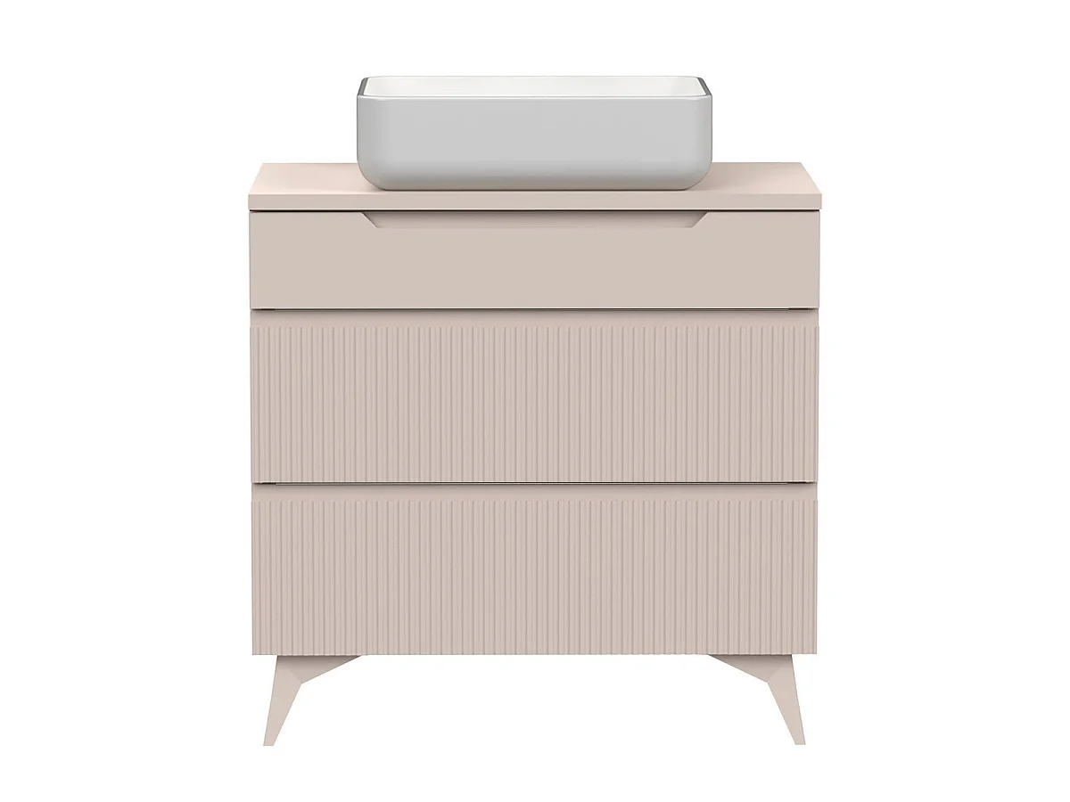 Meuble Vasque 80cm 3 tiroirs beige façades relief à stries verticales pieds métal - JANEIRO BEIGE