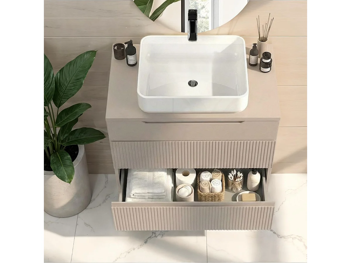 Meuble Vasque 80cm 3 tiroirs beige façades relief à stries verticales pieds métal - JANEIRO BEIGE