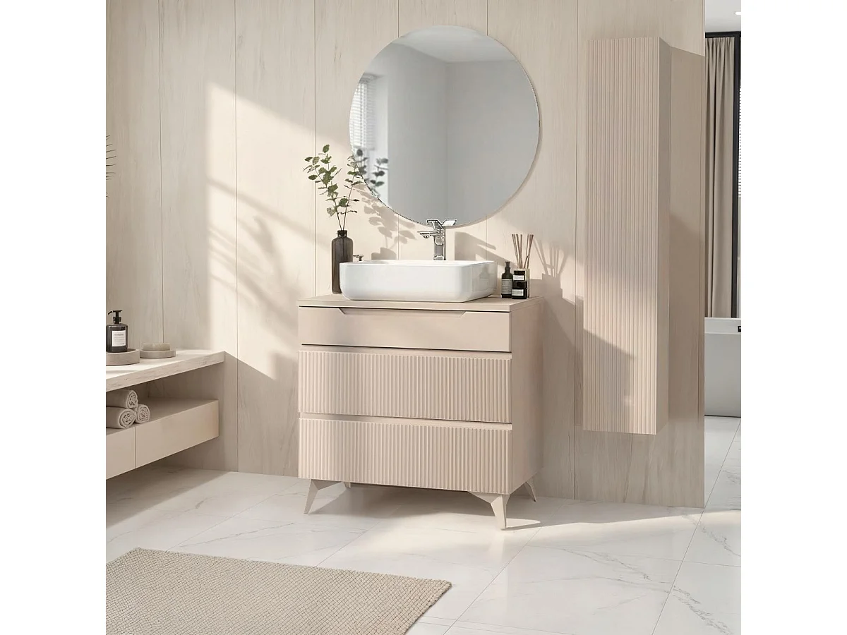 Meuble Vasque 80cm 3 tiroirs beige façades relief à stries verticales pieds métal - JANEIRO BEIGE