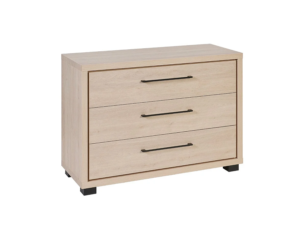 Chambre complète lit 140x190cm avec éclairage led + 2 chevets + commode + armoire aspect bois et noir - LUDY