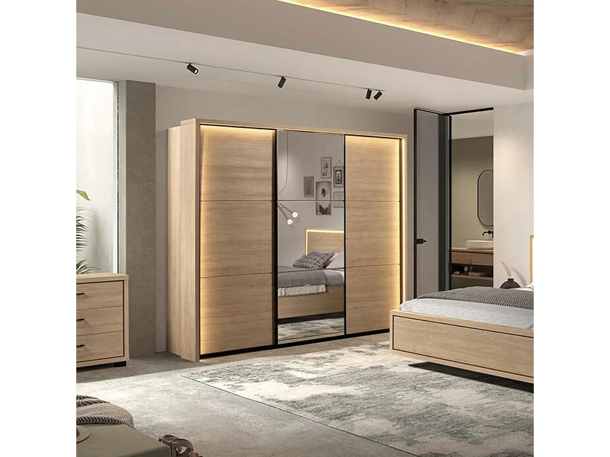 Chambre complète lit 140x190cm avec éclairage led + 2 chevets + commode + armoire aspect bois et noir - LUDY