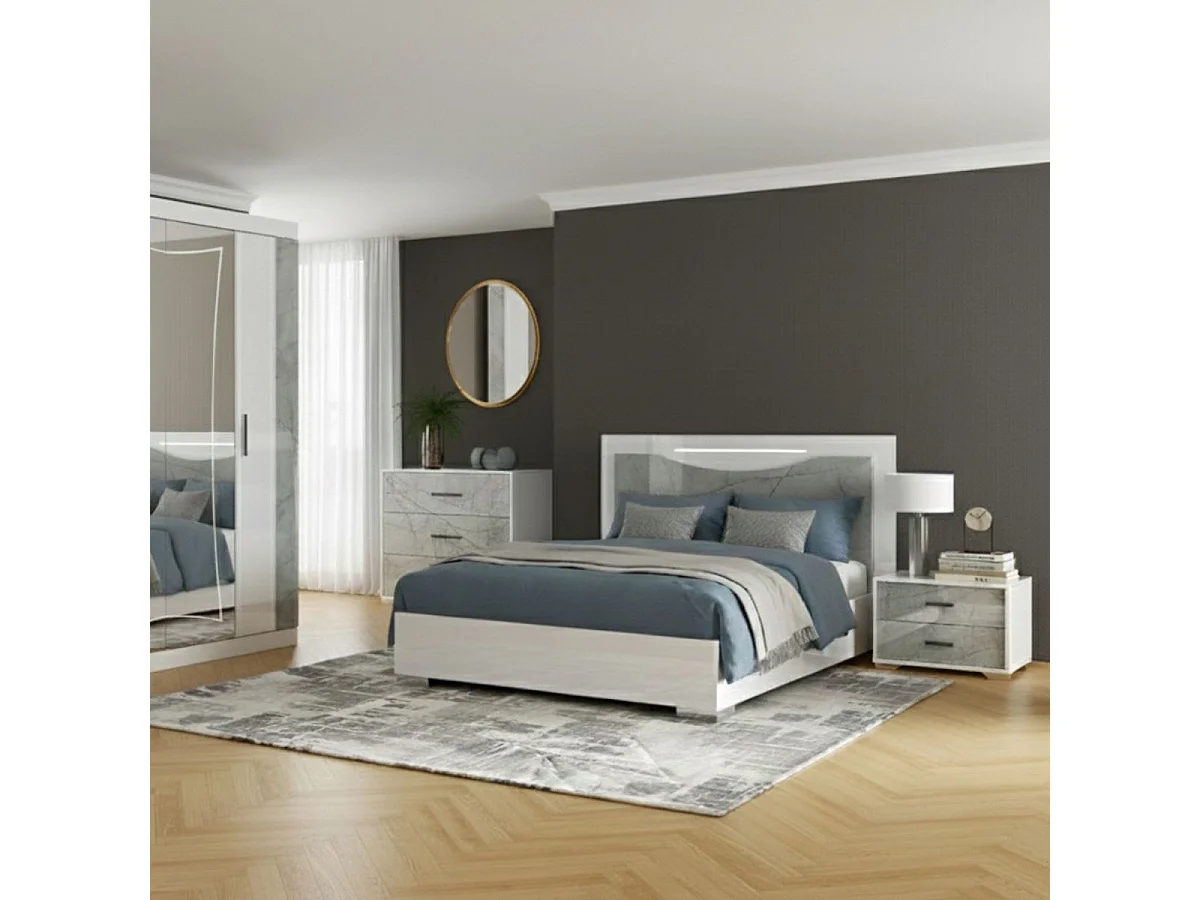 Chambre complète Lit 140x190cm avec chevets + commode + armoire blanc et imitation marbre - GENESIS