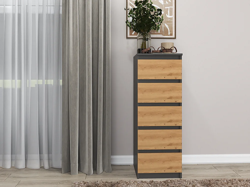 Commode à 5 tiroirs W5 Chêne anthracite - 40 x 45 x 111 cm