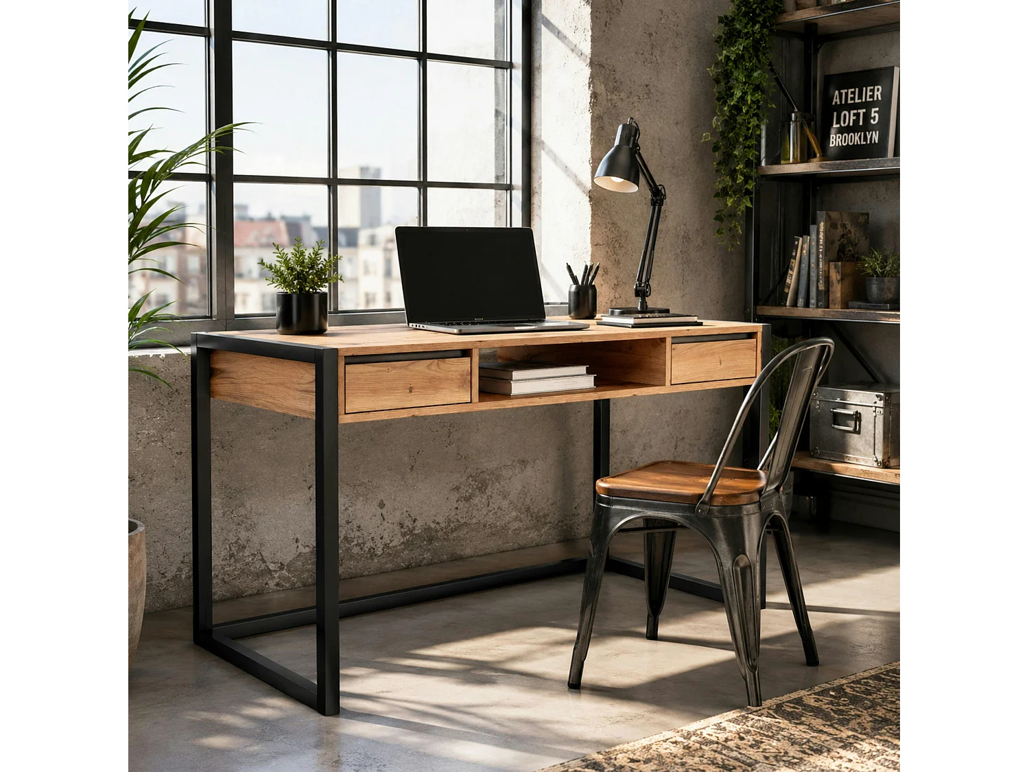 Bureau de chambre effet bois 2 tiroirs 1 niche ALVA