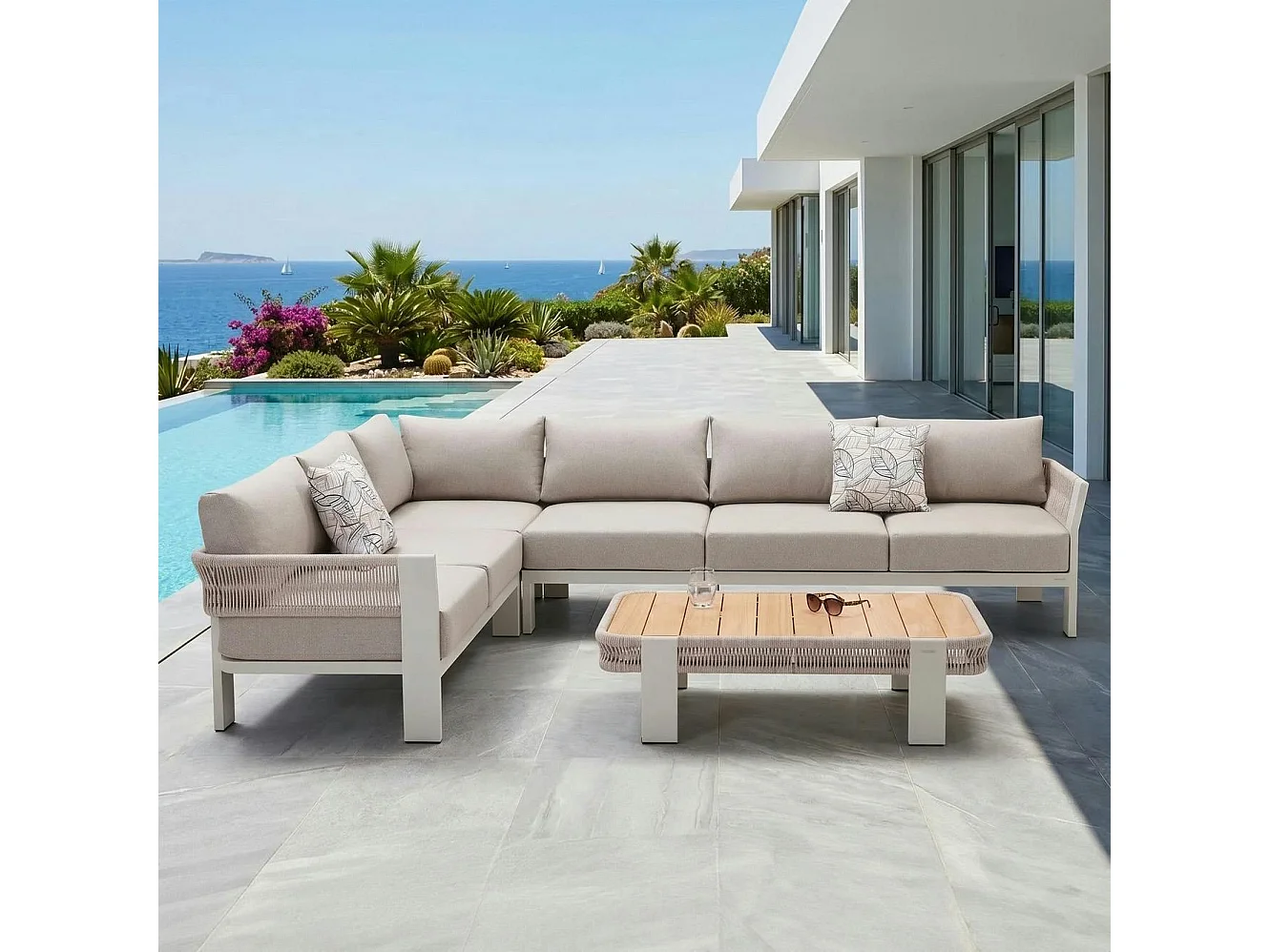 Salon de jardin 5 places, canapé d'angle + table basse BORROMEO