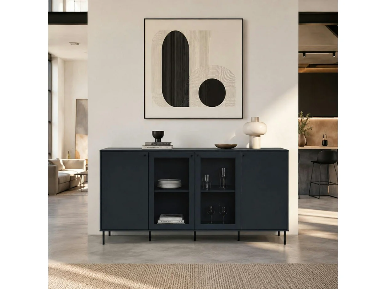 Buffet vitrine moderne bleu sombre 4 portes RAVEN