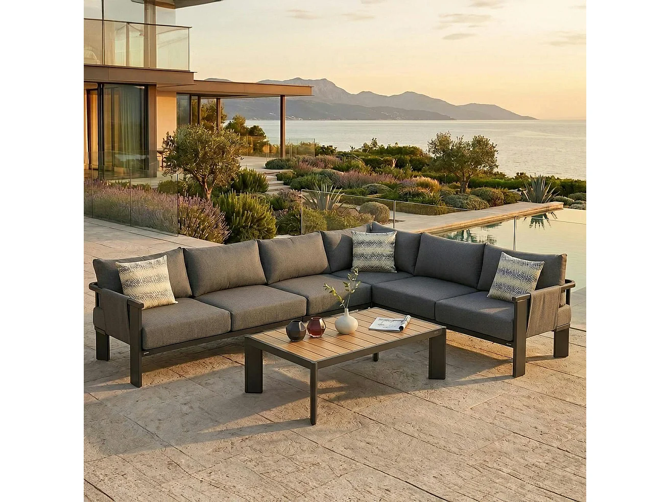 Salon de jardin canapé d'angle 5 places + table basse LIGO