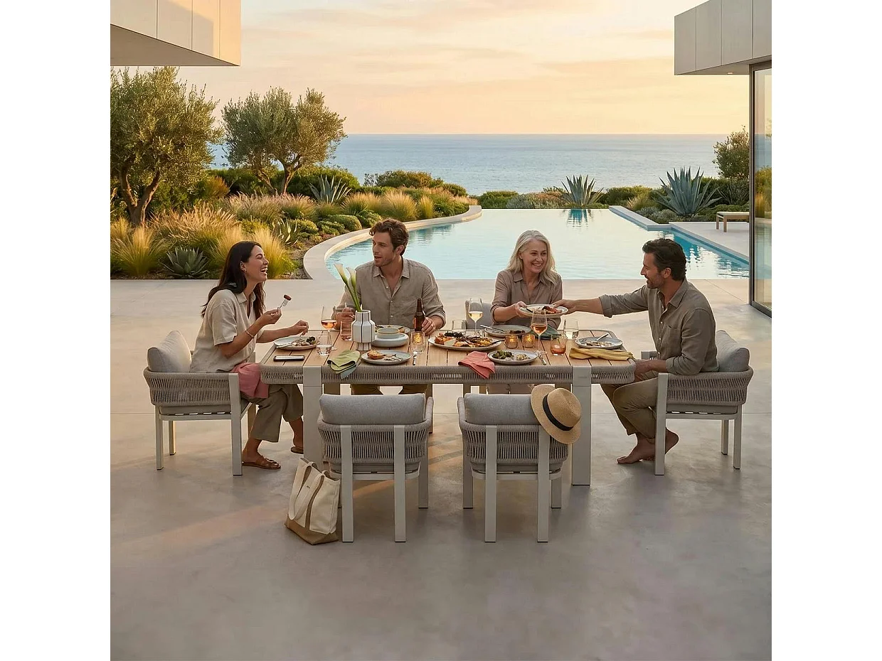 Table de jardin + 6 chaises en teck et aluminium BORROMEO