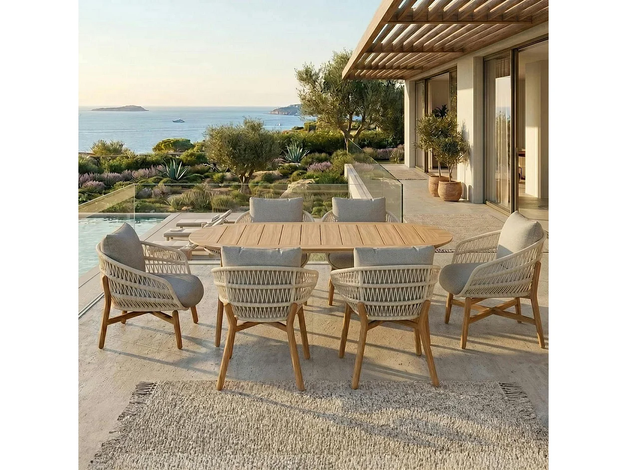 Table de jardin en teck + 6 fauteuils cordage VASCA