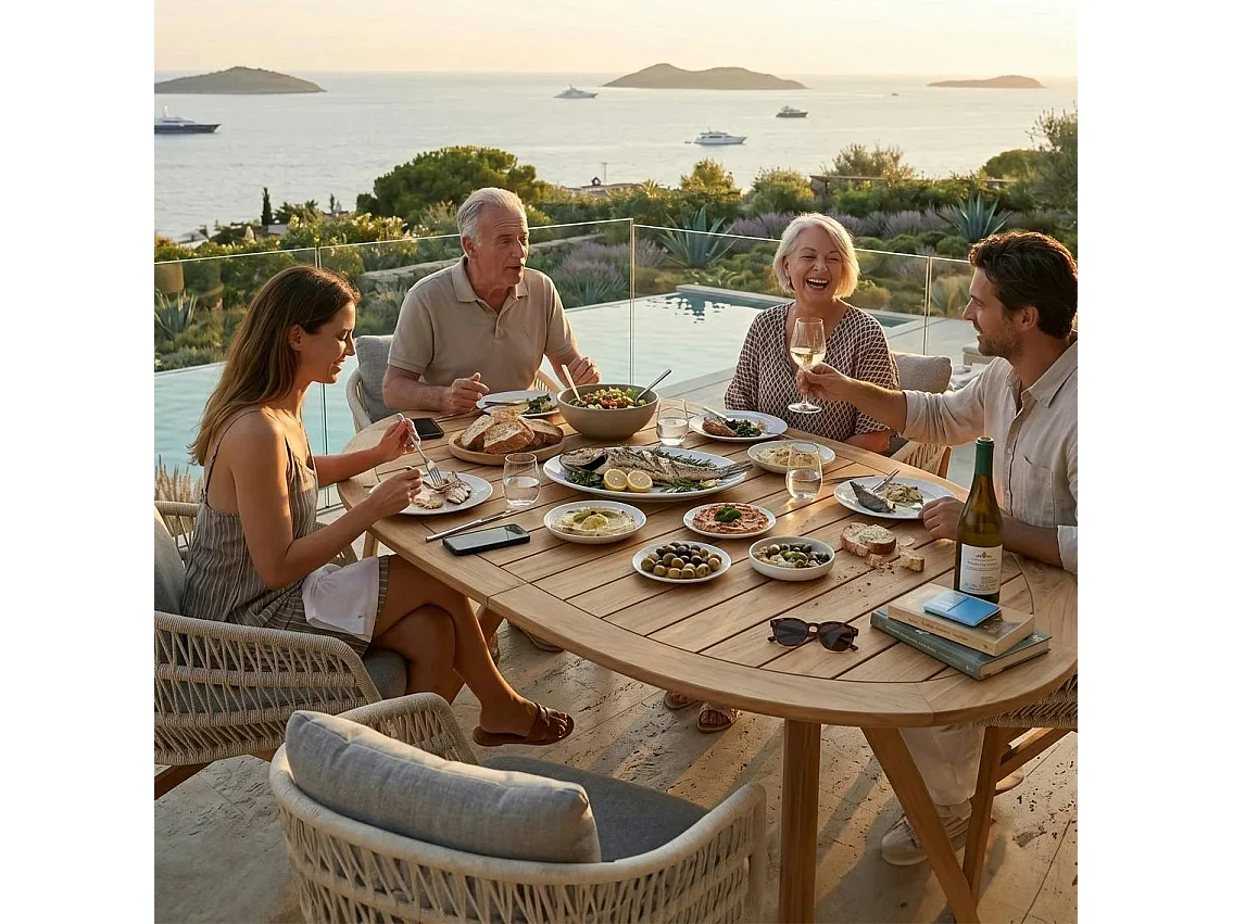 Table de jardin en teck + 6 fauteuils cordage VASCA