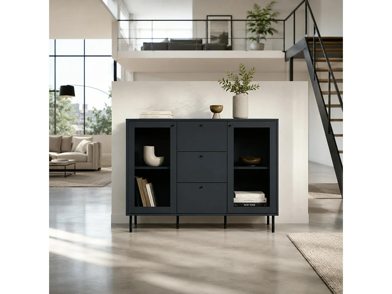 Buffet vitrine bleu sombre 2 portes 3 tiroirs RAVEN