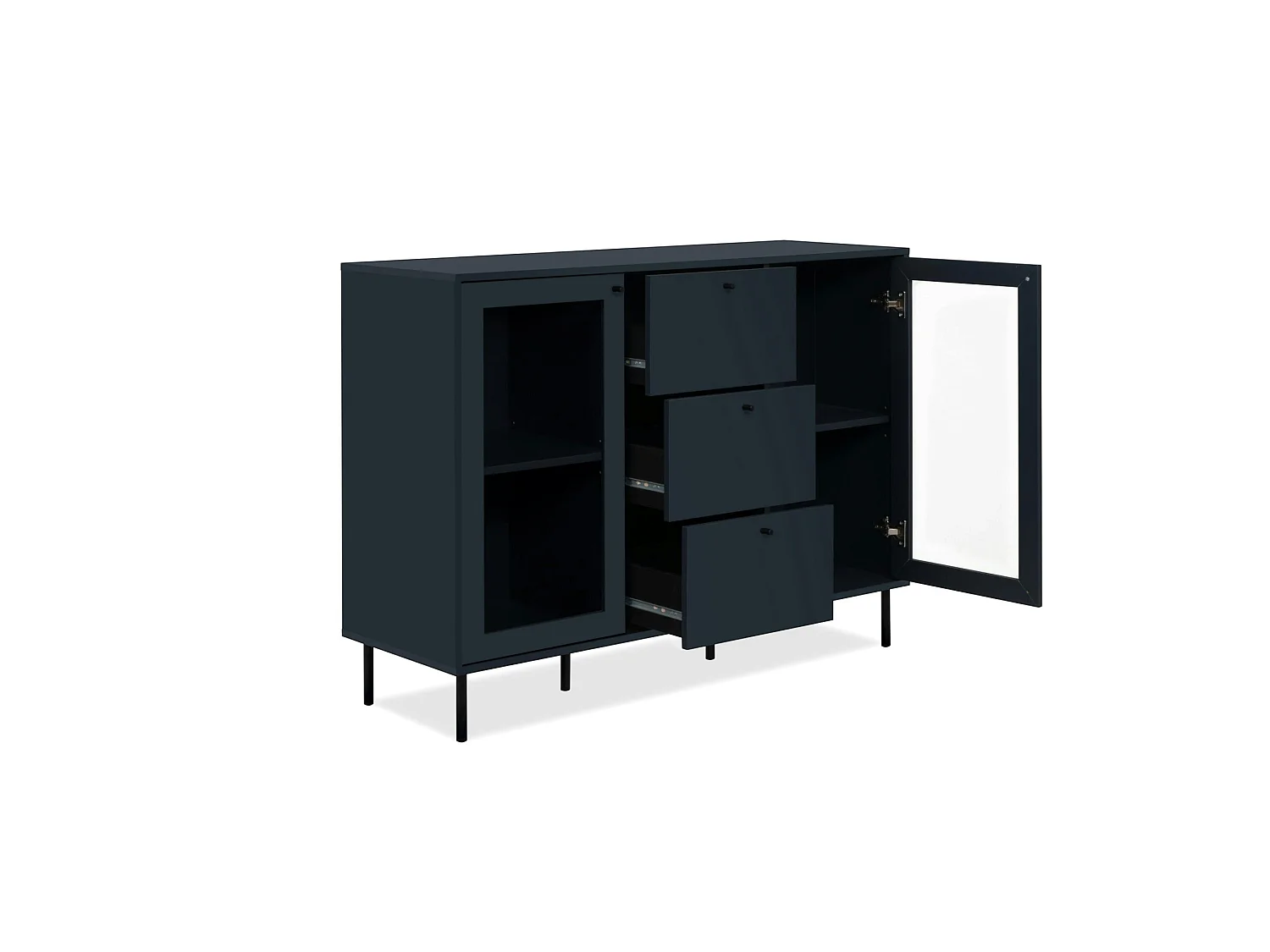 Buffet vitrine bleu sombre 2 portes 3 tiroirs RAVEN