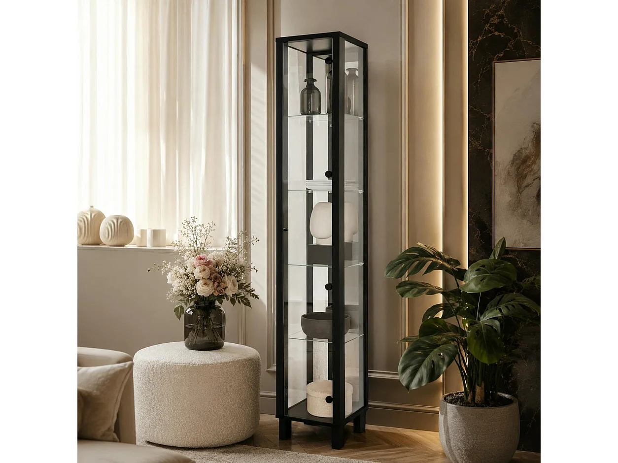 Colonne vitrine noire 5 niveaux 1 miroir RAVEN