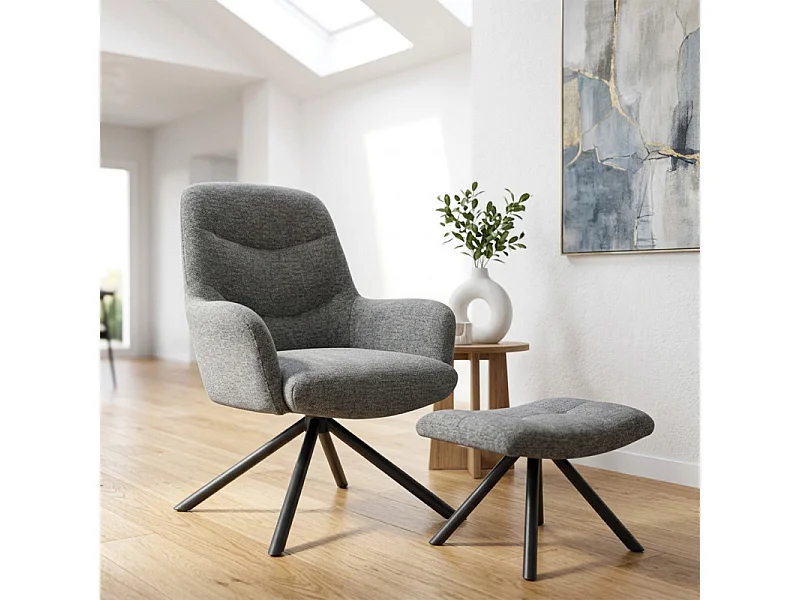 Fauteuil rotatif 360° en tissu doux gris avec repose-pied - EVA