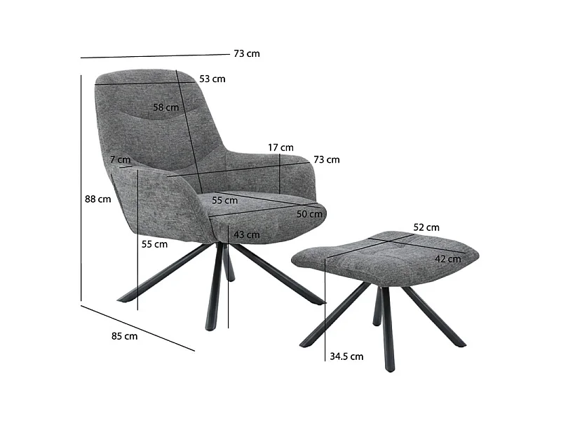 Fauteuil rotatif 360° en tissu doux gris avec repose-pied - EVA