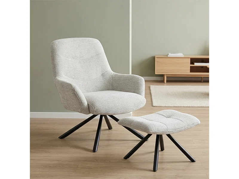 Fauteuil rotatif 360° en tissu doux écru avec repose-pied - EVA