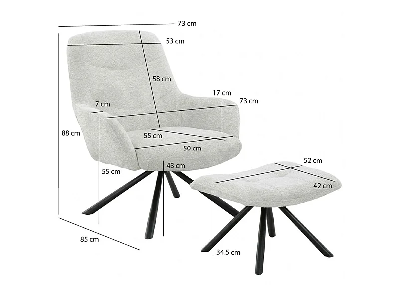 Fauteuil rotatif 360° en tissu doux écru avec repose-pied - EVA