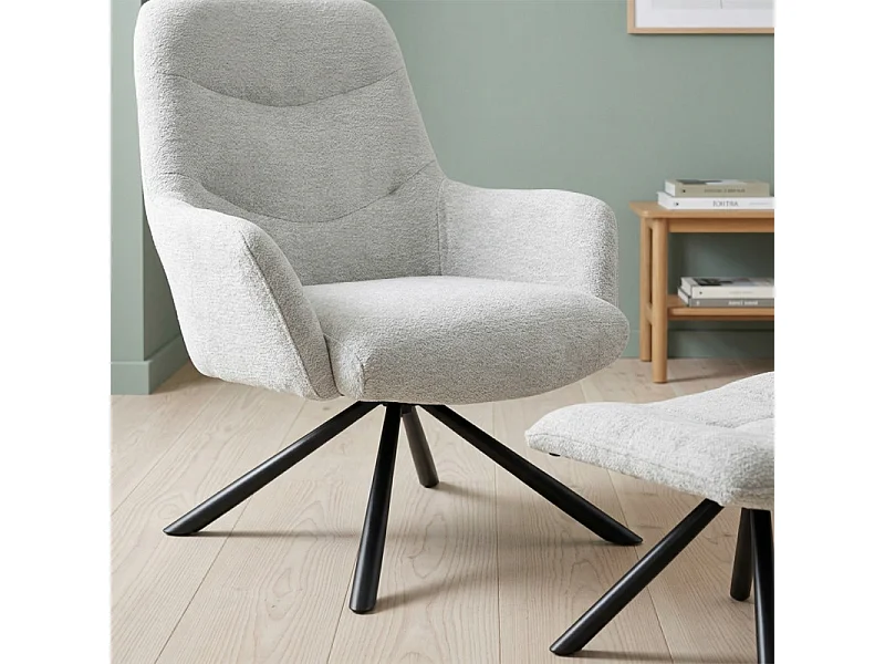 Fauteuil rotatif 360° en tissu doux écru avec repose-pied - EVA
