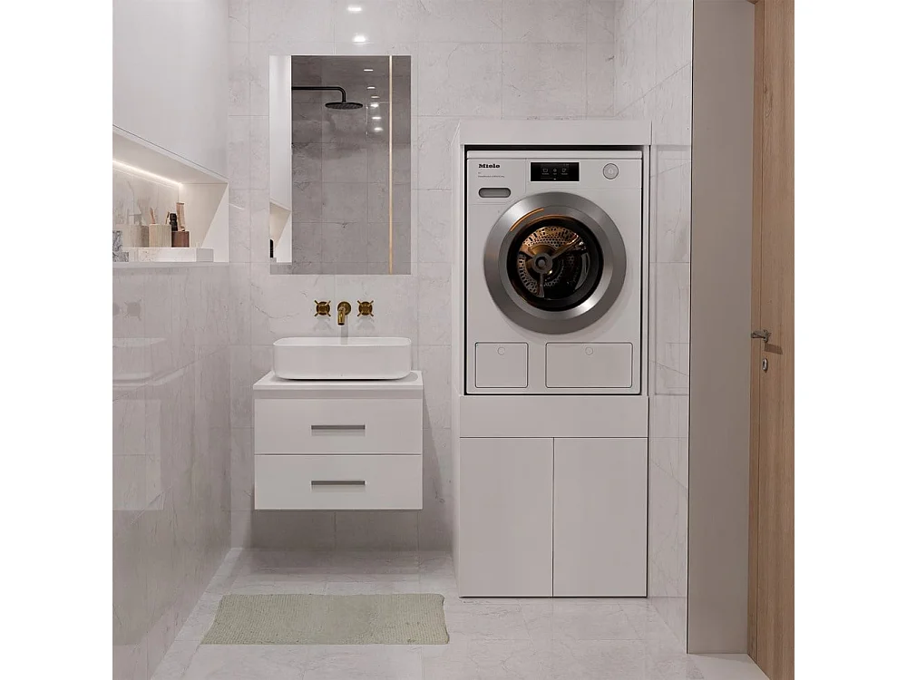 Meuble pour lave-linge ou sèche-linge avec tiroir, blanc - 64,2 x 64,2 x 162 cm