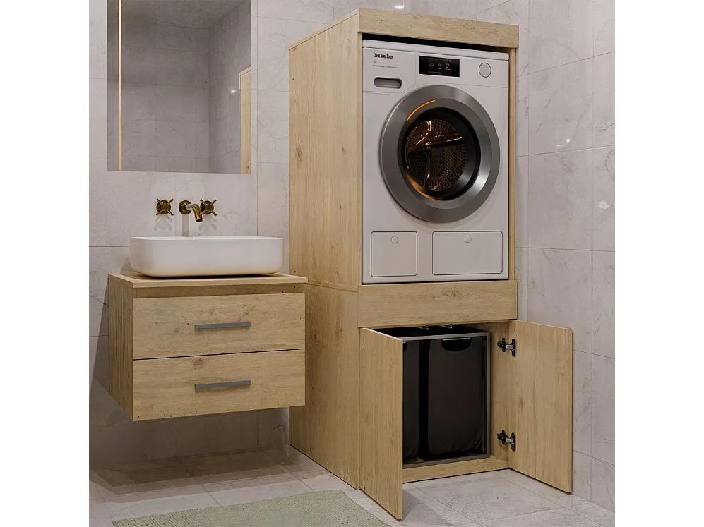 Meuble lave-linge et sèche-linge avec tiroirs en chêne - 64,2 x 64,2 x 162 cm