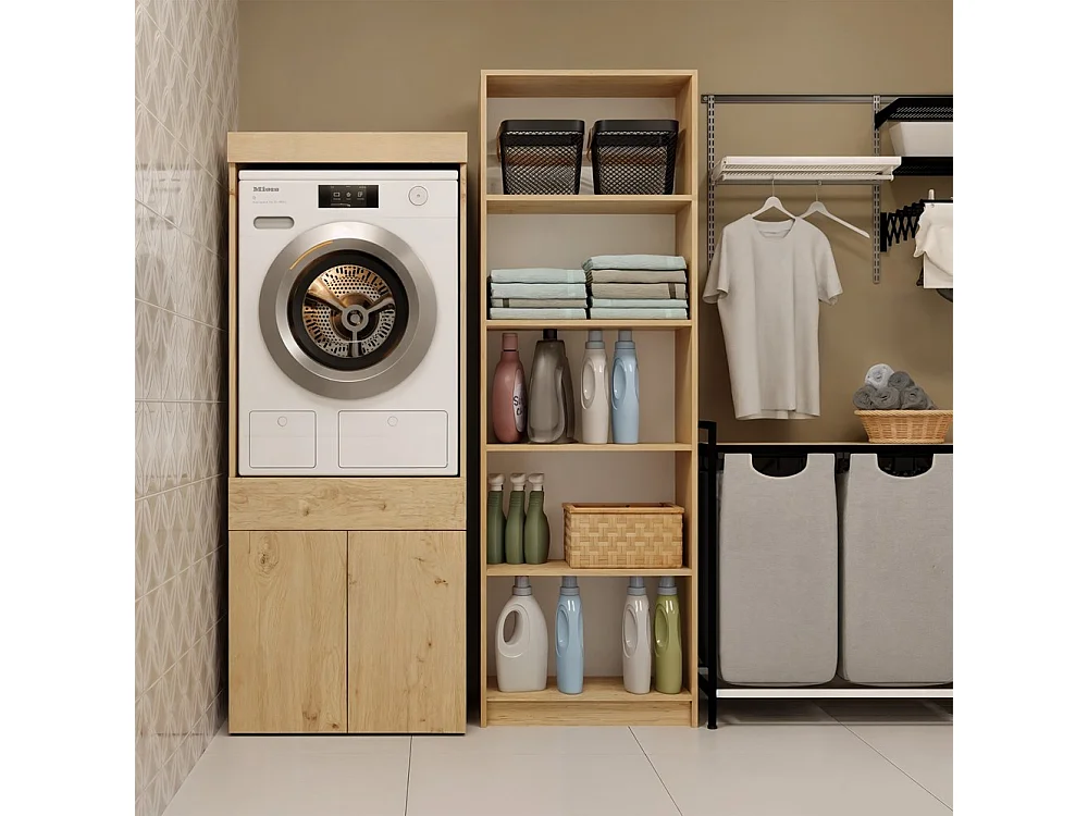 Meuble lave-linge et sèche-linge avec tiroirs en chêne - 64,2 x 64,2 x 162 cm