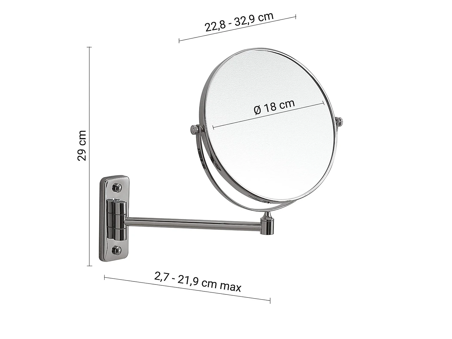 Miroir Grossissant Mural Bras Simple 3X Finition Chrome | Mia