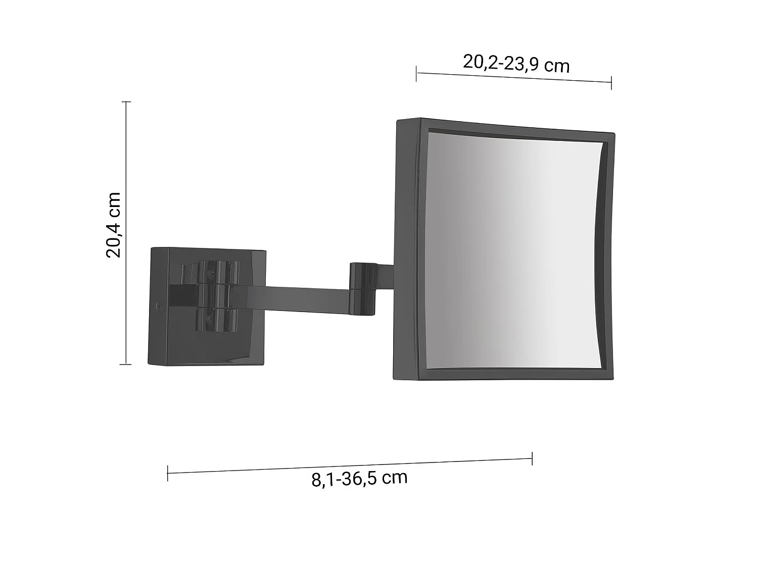 Miroir Grossissant Mural Carré 5X Noir Mat Avec Bras Réglable | Maya