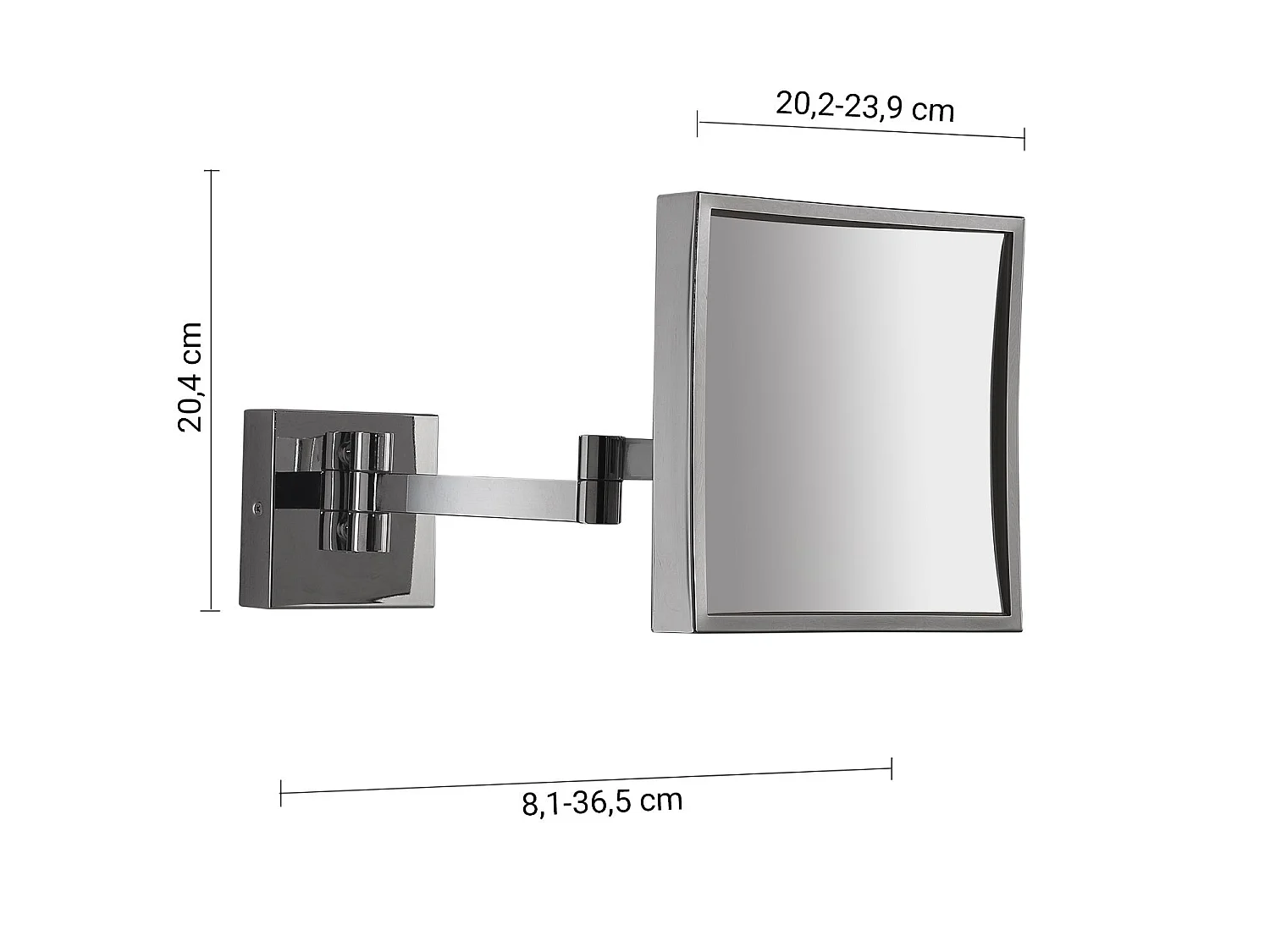 Miroir Grossissant Mural Carré 5X Chromé Avec Bras Extensible | Maya