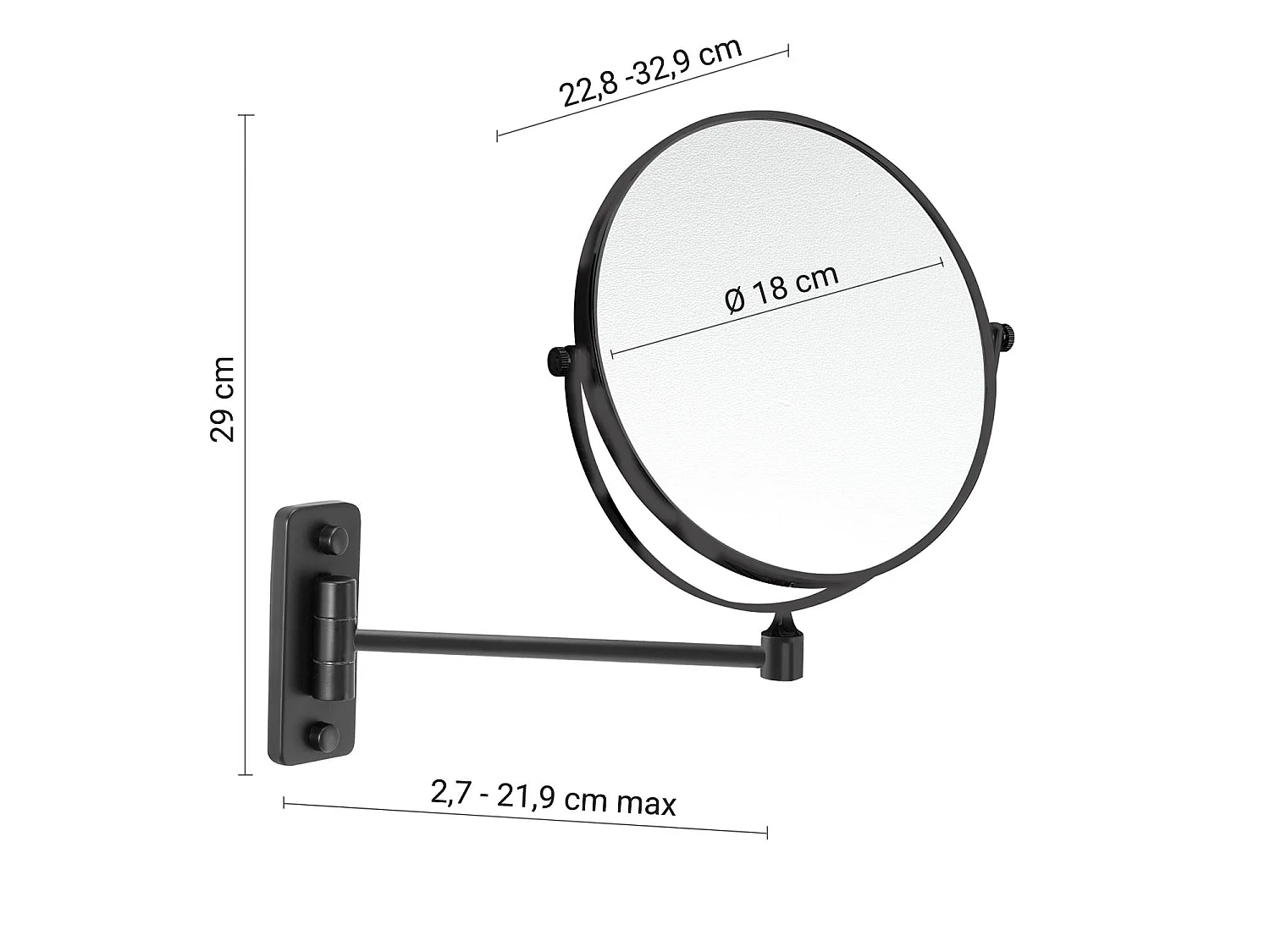 Miroir Grossissant Mural 3X À Bras Simple Noir Mat | Mia