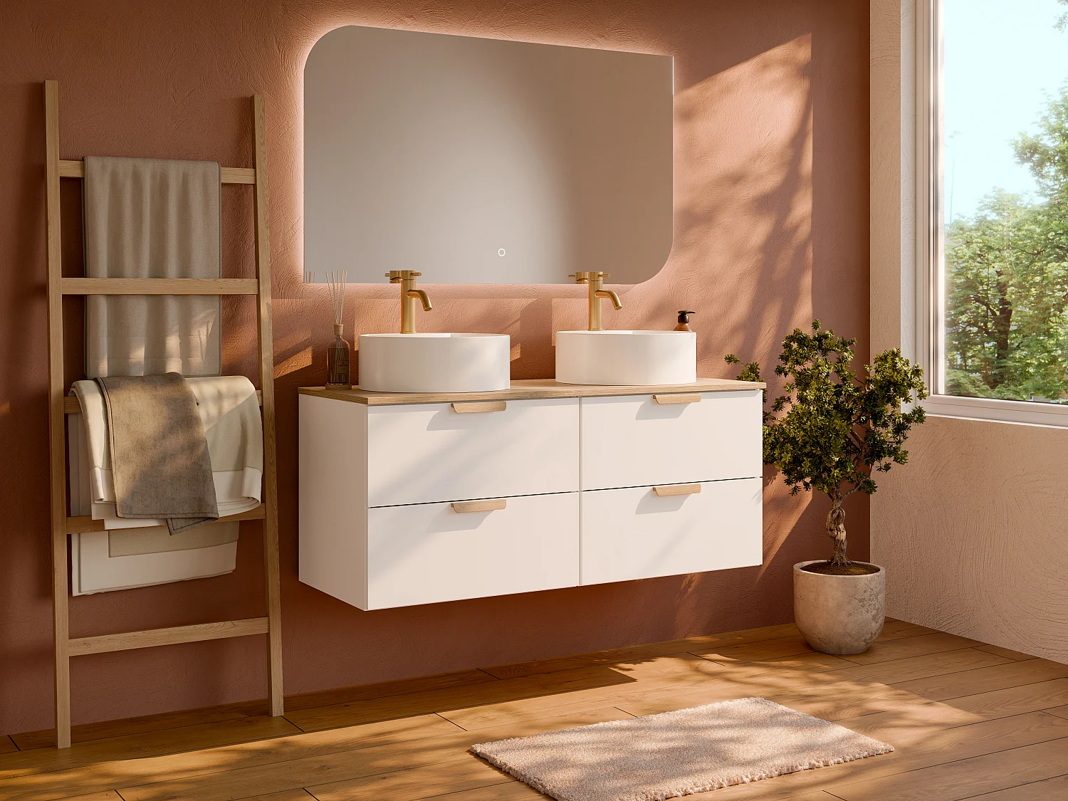 Meuble de salle de bain suspendu avec vasque à poser ronde – Blanc – L120 cm – AVORELI