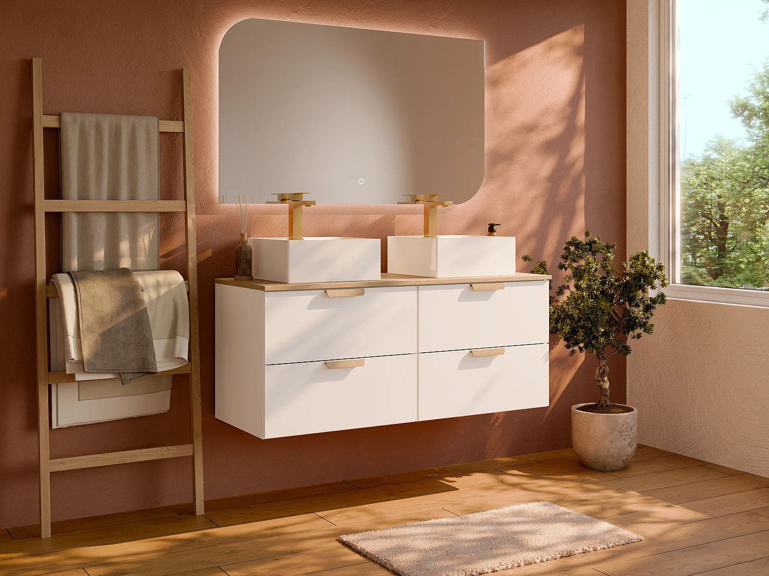 Meuble de salle de bain suspendu avec vasque à poser carrée – Blanc – L120 cm – AVORELI
